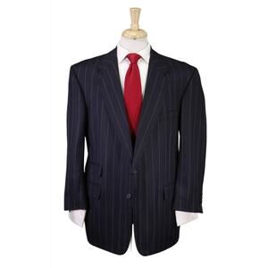 Edgar Pomeroy Bespoke Suit Navy Blue Pinstripe 2-Btn Wool Handmade Suit 46R
